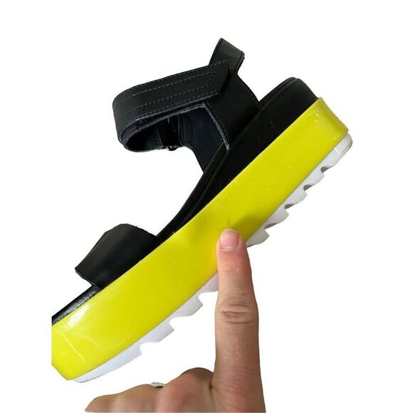 Sorel Womens Size 7 Cameron Leather Black Neon Yellow Flatform Sandals - Picture 8 of 9